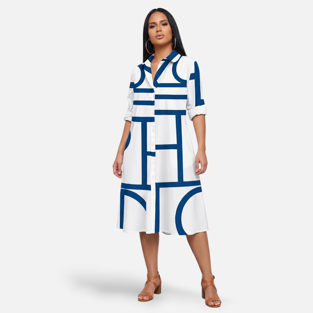 Laurior | Robe midi structurée à motif graphique épuré pour femme portée par une femme élégante.