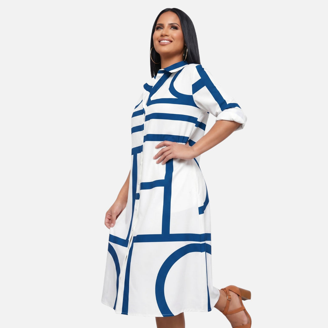 Laurior | Robe midi structurée à motif graphique épuré pour femme, silhouette moderne et élégante.