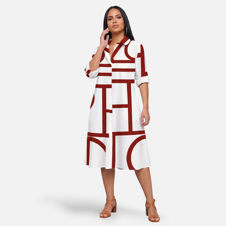 Laurior | Robe midi structurée à motif graphique épuré pour femme, silhouette fluide et moderne.