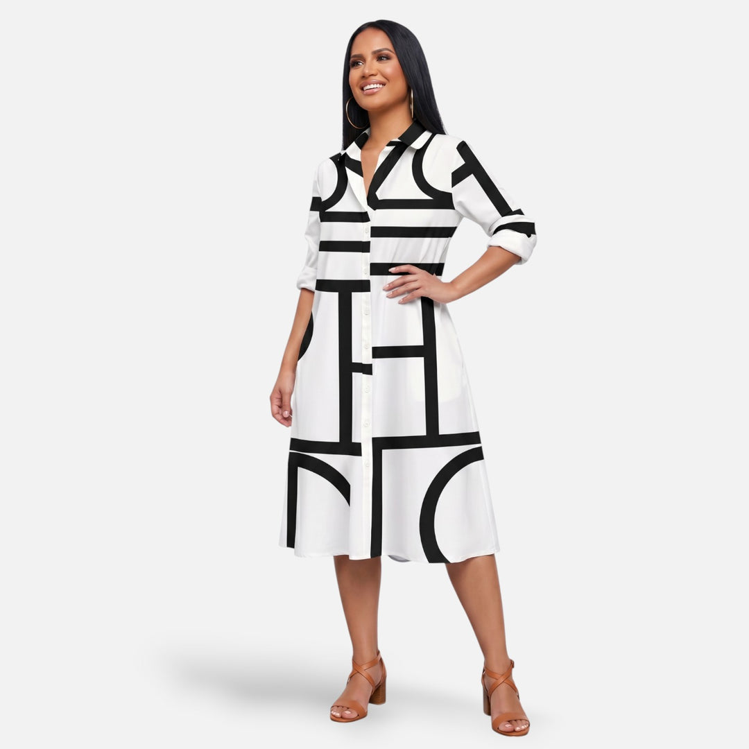 Laurior | Robe midi structurée à motif graphique épuré pour femme, look moderne et élégant avec imprimé.