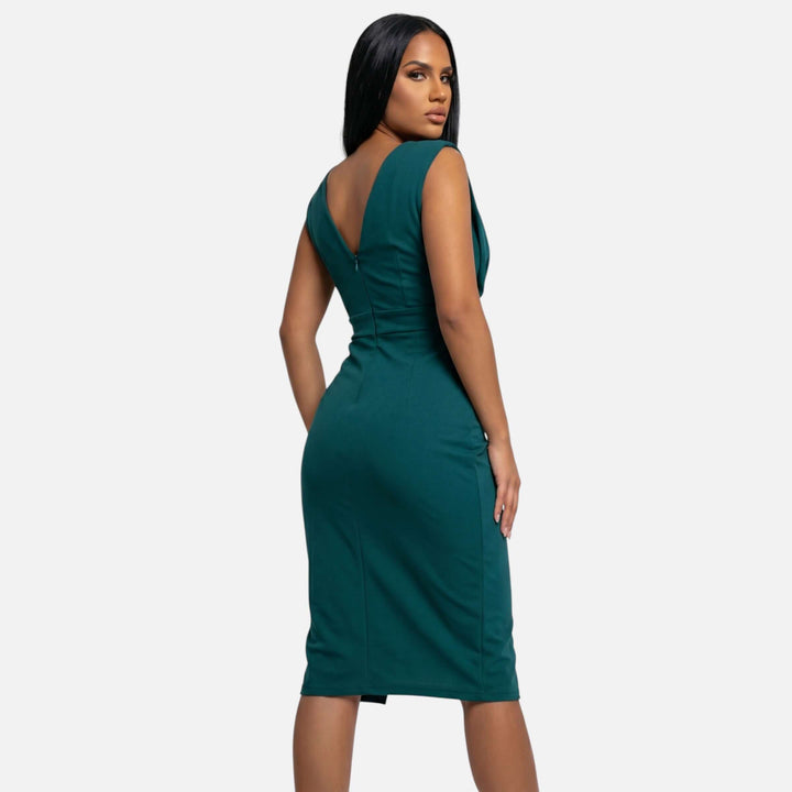 Laurior | Robe moulante col V drapé fente élégante pour femme vue arrière, silhouette flatteuse et élégante.