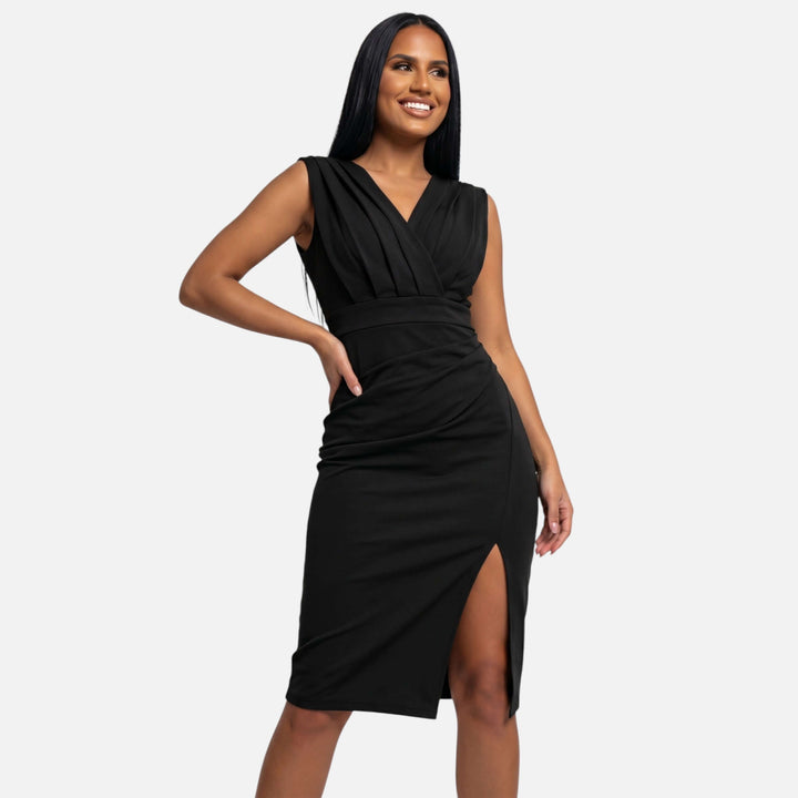 Laurior | Robe moulante col V drapé fente élégante pour femme avec silhouette sophistiquée et drapés élégants.