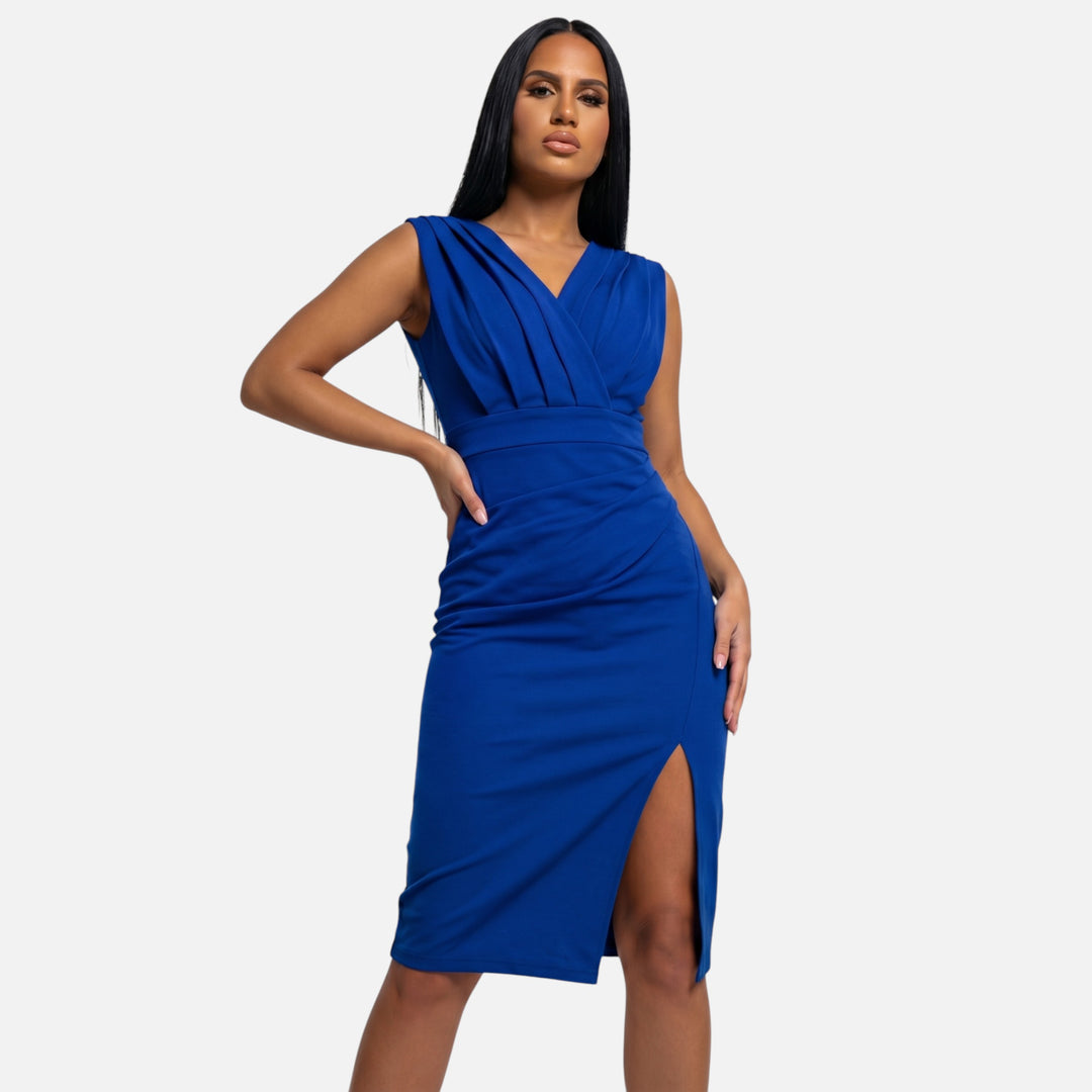 Laurior | Robe moulante col V drapé fente élégante pour femme en bleu, mettant en valeur une silhouette sophistiquée.