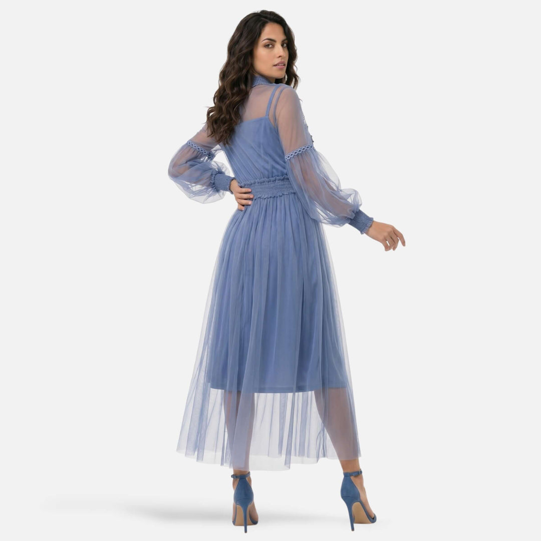 Laurior | Robe midi élégante col montant manches lanterne pour femme, design vaporeux et silhouette fluide.