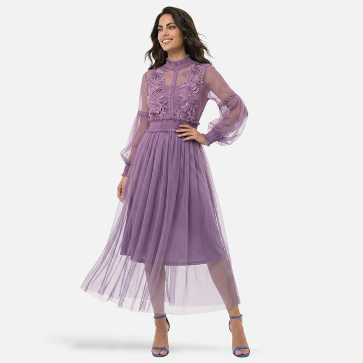 Laurior | Robe midi élégante col montant manches lanterne pour femme en violet élégant.