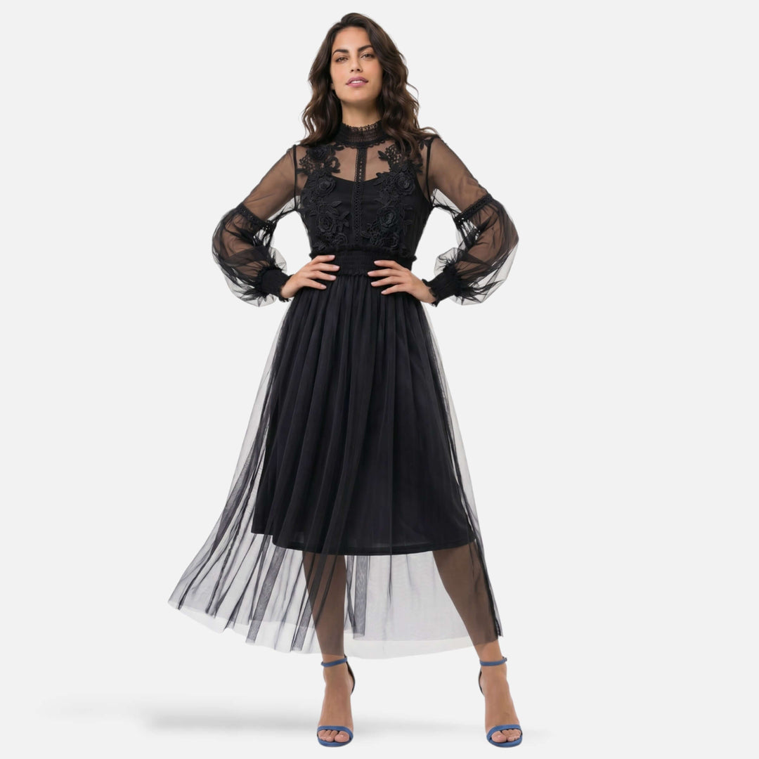 Laurior | Robe midi élégante col montant manches lanterne pour femme, silhouette fluide et élégante.