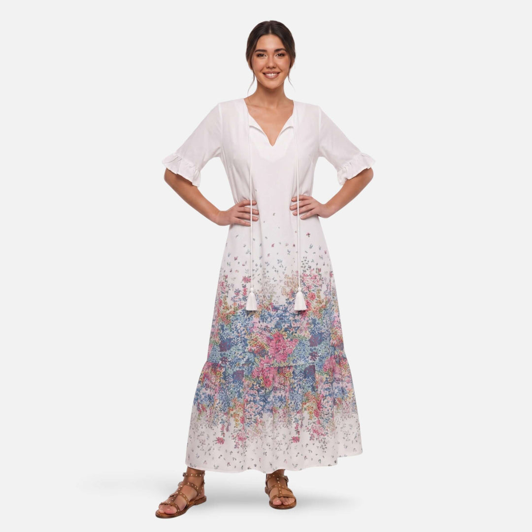 Laurior | Robe maxi bohème fleurie col V à pampilles pour femme, robe longue avec motifs floraux et franges.