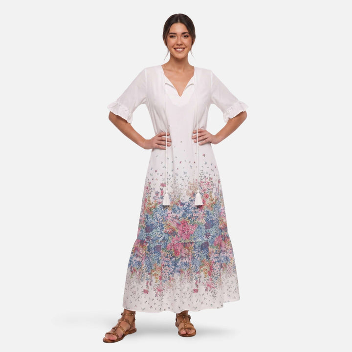Laurior | Robe maxi bohème fleurie col V à pampilles pour femme, robe longue avec motifs floraux et franges.
