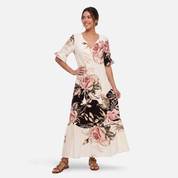 Laurior | Robe maxi bohème fleurie col V à pampilles pour femme, robe florale élégante avec volants.