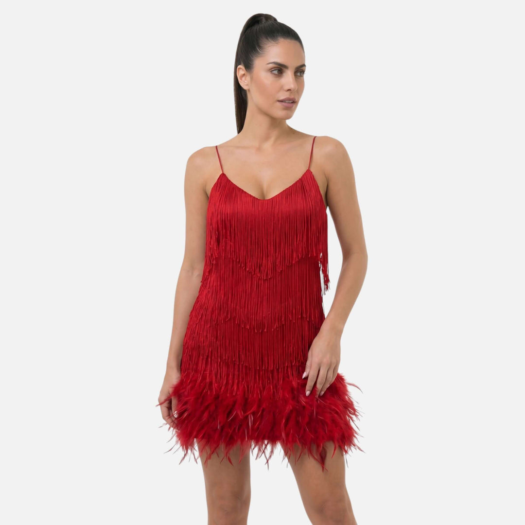 Laurior | Robe cocktail courte à franges effet plume pour femme, robe rouge à franges et plumes.