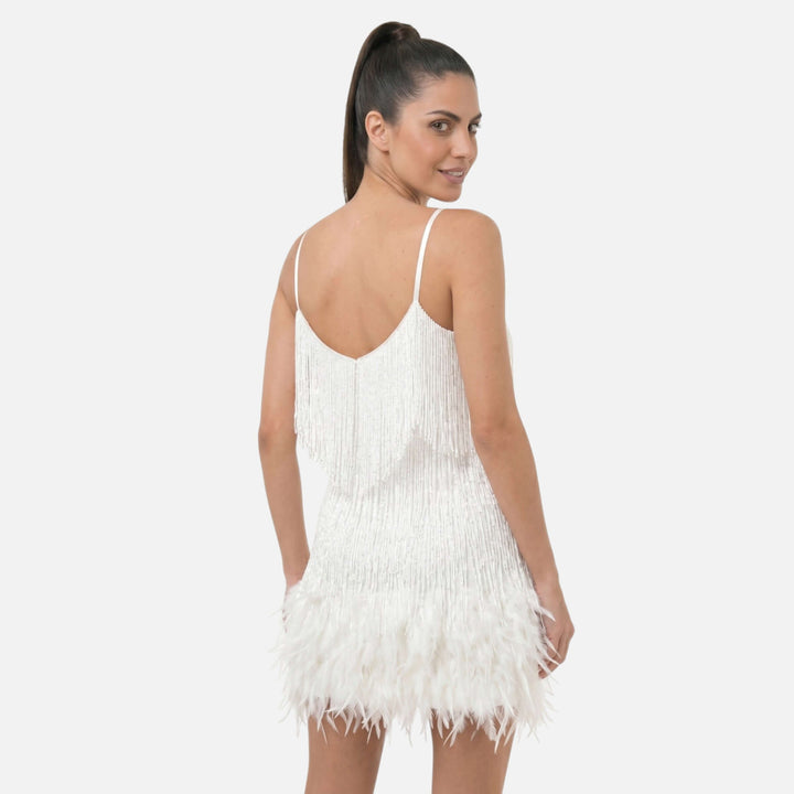 Laurior | Robe cocktail courte à franges effet plume pour femme vue de dos, montrant son design scintillant.
