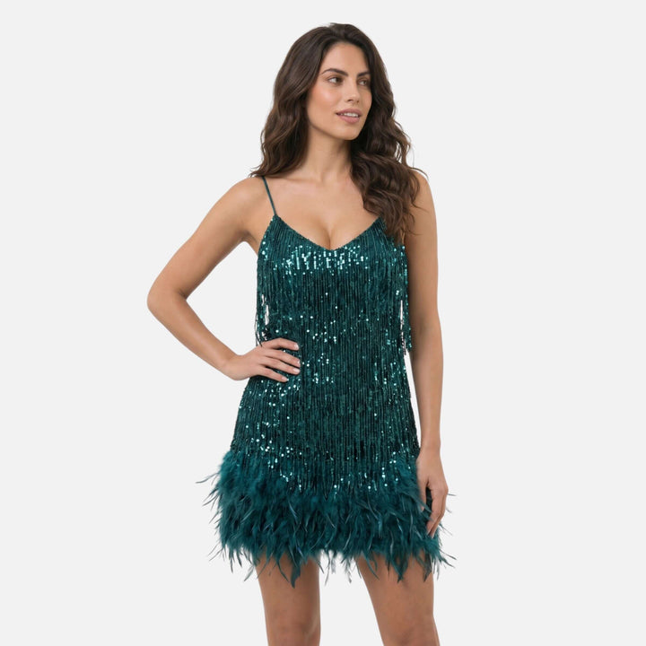 Laurior | Robe cocktail courte à franges effet plume pour femme en teal avec sequins brillants.