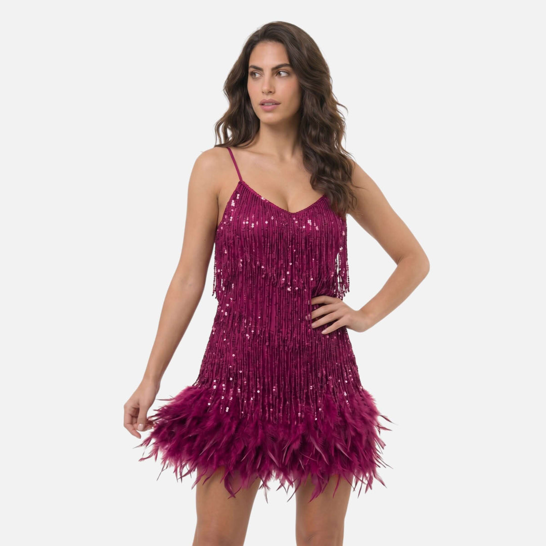 Laurior | Robe cocktail courte à franges effet plume pour femme, robe glamour avec sequins et franges.