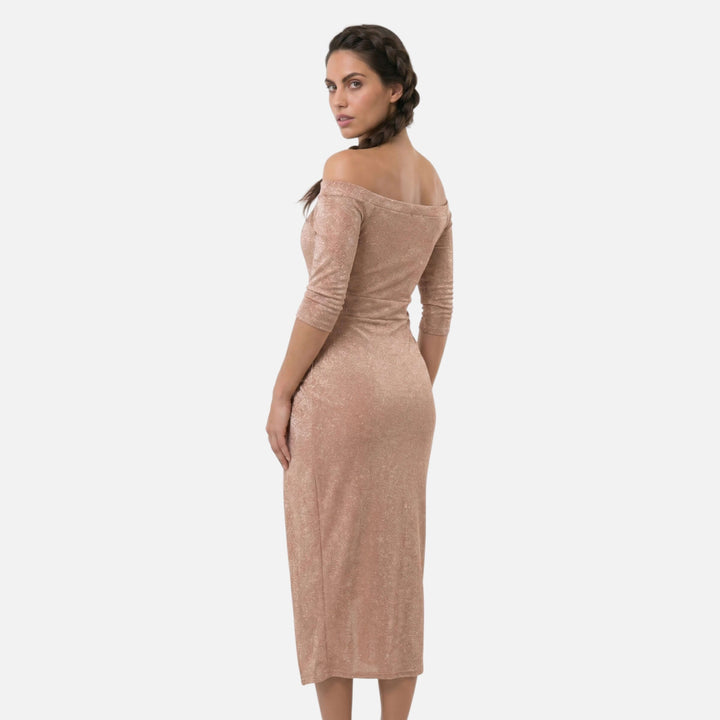 Laurior | Robe midi épaules dénudées drapée fente élégante pour femme vue arrière.